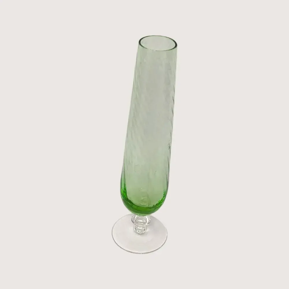 1960s Green Optic Swirl Glass Stemmed Bud Vase